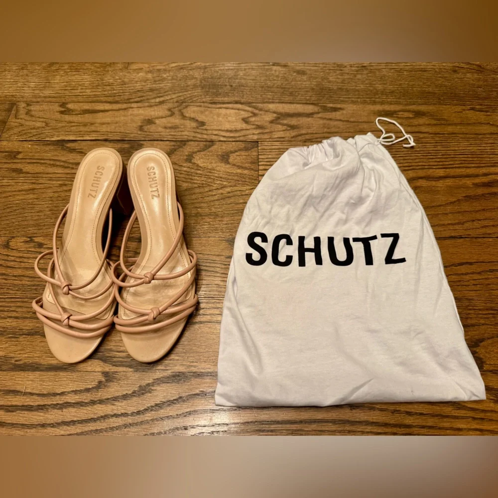 Schutz Leather Strappy Block Heel Mules 8.5 Nude